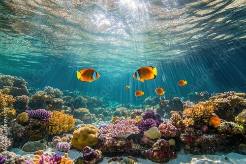 Sunbeams illuminate coral reef with clownfish in clear turquoise water. Use it for travel, nature, and underwater adventure themed projects.