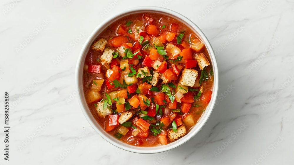 A deep bowl of chilled gazpacho, topped with finely chopped bell peppers and croutons, placed on a white marble surface A deep bowl of chilled gazpacho, topped with finely chopped bell peppers and croutons, placed on a white marble surface