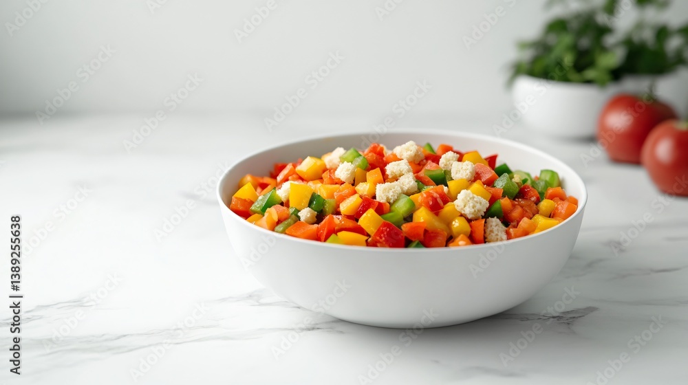 A deep bowl of chilled gazpacho, topped with finely chopped bell peppers and croutons, placed on a white marble surface A deep bowl of chilled gazpacho, topped with finely chopped bell peppers and croutons, placed on a white marble surface