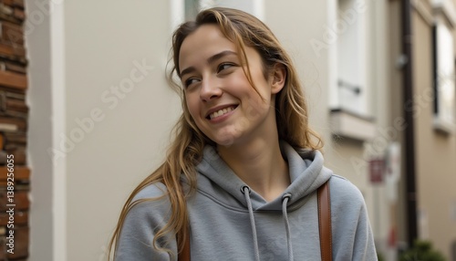Beautiful Young Woman In Hoodie Smiling Outdoors With Natural Light Portrait