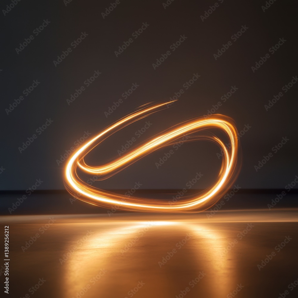 Abstract Light Painting with Golden Curves on Reflective Dark Background Abstract Light Painting with Golden Curves on Reflective Dark Background