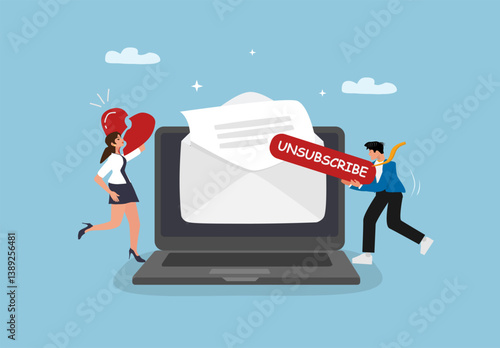 Unsubscribe from Email Marketing Concept Illustration Man Cancelling Newsletter on Laptop, Rejecting Promotional Messages and Removing Spam Emails for Better Digital Privacy and Clean Inbox