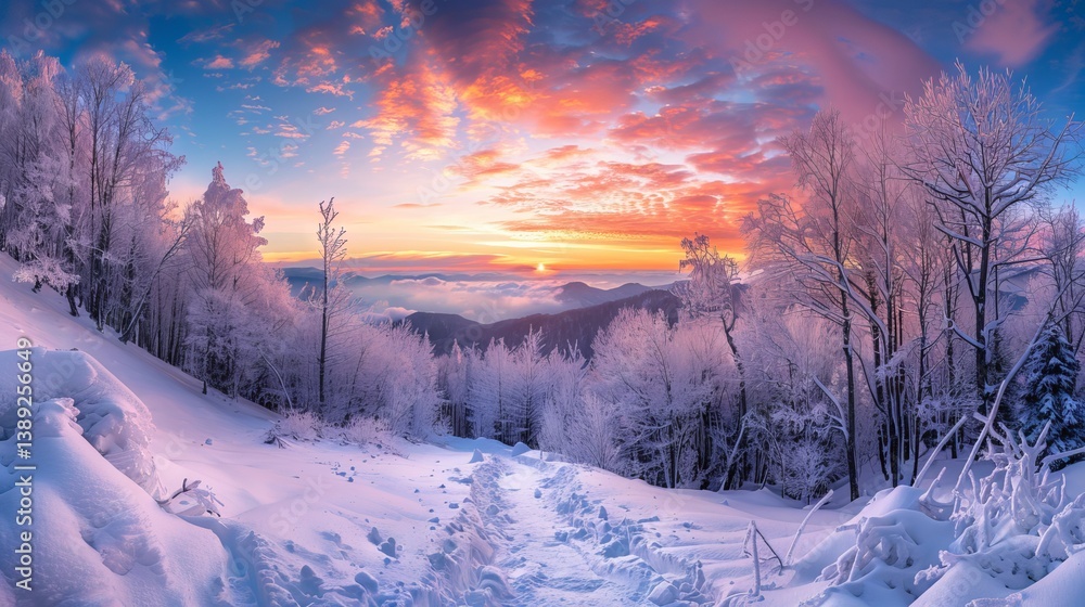 Stunning smoky mountain sunset with vibrant colors over rolling hills and misty atmosphere