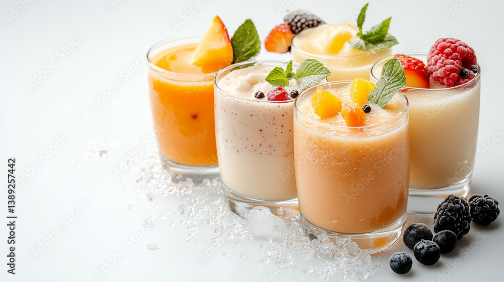 Fototapeta premium Variety of Colorful Fruit Smoothies in Glasses on White Surface with Peach Raspberry and Blackberry Garnish and Powdered Sugar with Studio Lighting