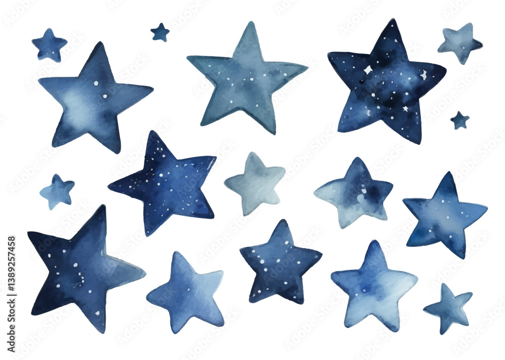 Obraz premium Watercolor blue stars. Set of watercolor stars isolated on white background.
