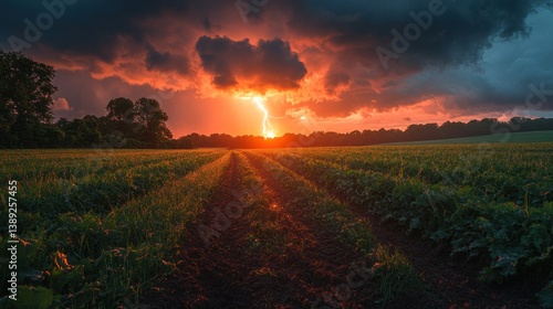 Sunset lightning strike over rural farmland field