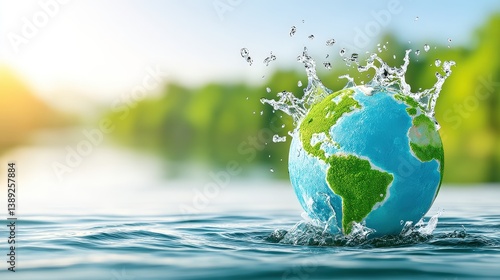 Fototapeta Naklejka Na Ścianę i Meble -  A globe splashes into water, symbolizing environmental awareness and the beauty of nature, with lush greenery in the background and sunlight illuminating the scene.