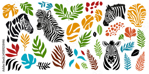 Safari design elements. Zebras and tropical leaves. 