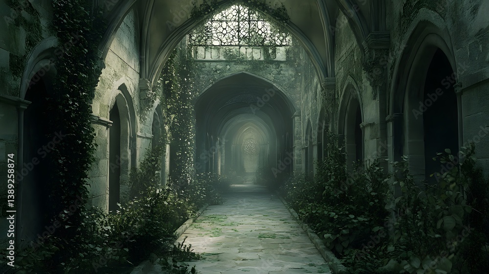 Fototapeta premium Overgrown Gothic Cloister Hallway, Ruins, Mist