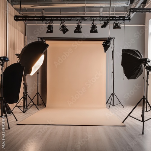 Photo Studio Setup with Backdrop, Lights, and Professional Equipment