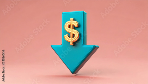 3D dollar sign on downward arrow symbolizes cost cutting strategies