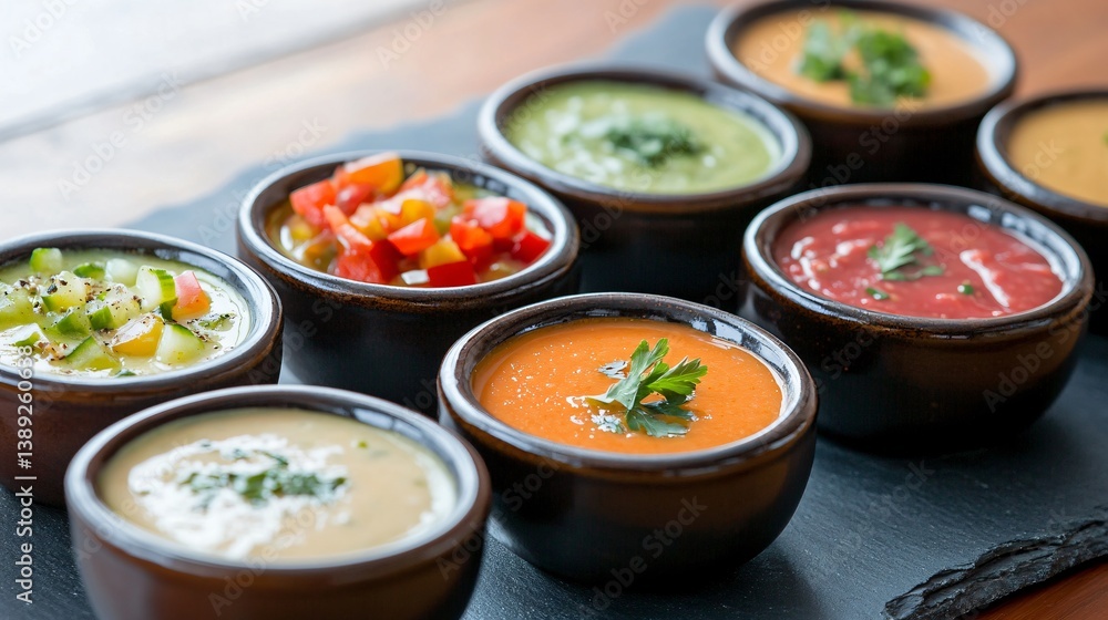 Miniature bowls of gazpacho in a tapas-style presentation, arranged on a slate platter Miniature bowls of gazpacho in a tapas-style presentation, arranged on a slate platter
