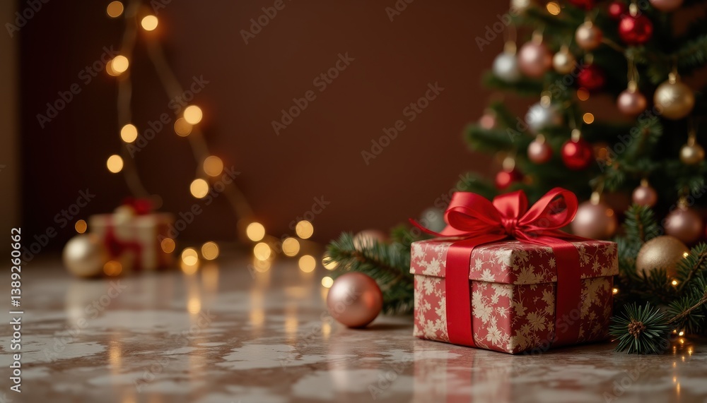 A festive Christmas background featuring a beautifully wrapped gift box on a luxurious marble floor A festive Christmas background featuring a beautifully wrapped gift box on a luxurious marble floor