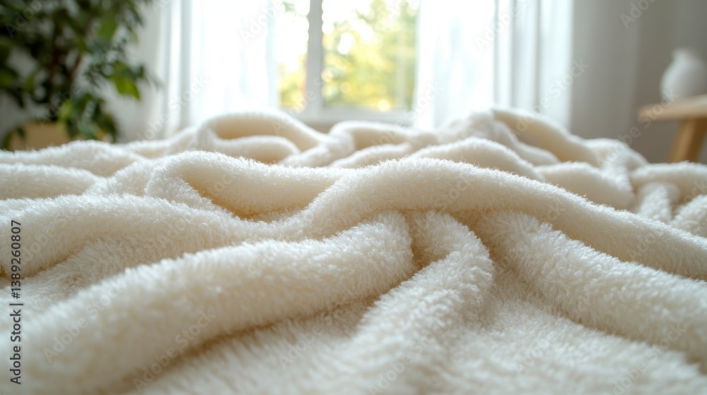 Soft, fluffy blanket with inviting texture and a blurry background showcasing natural light Soft, fluffy blanket with inviting texture and a blurry background showcasing natural light