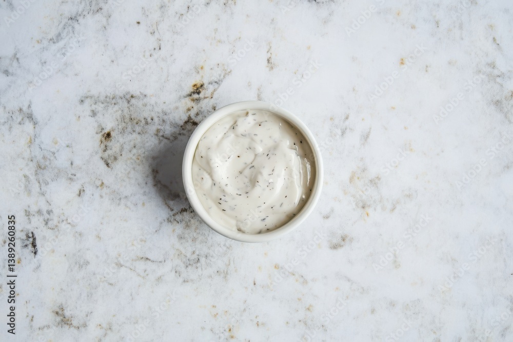 Creamy garlic dip in a small bowl on a marble countertop ready for serving with snacks Creamy garlic dip in a small bowl on a marble countertop ready for serving with snacks