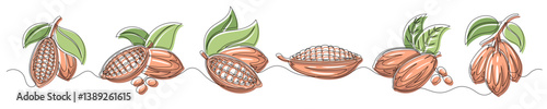 Cacao bean pod brown continuous one line drawing set isolated on a white background. Horizontal banner. Outline cocoa bean plant collections. Editable stroke. Vector illustration