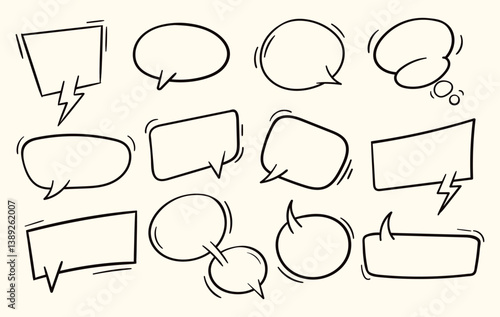 Set of Comic bubble speech, cartoon comic dialog border set, scribble hand drawn style, template and mockup