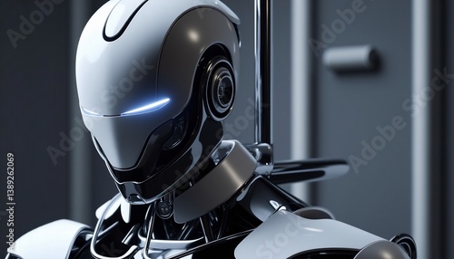 Futuristic Robot Head Close Up Shiny Reflective Surface Technology And Innovation