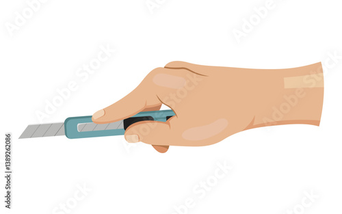 Human hand holding a utility knife with extended blade, flat graphic style on white background. Concept of cutting tools. Vector illustration