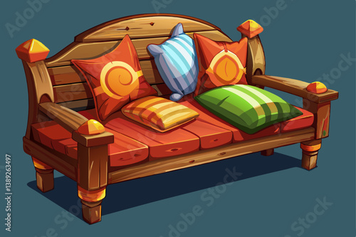 vector of A rustic wooden bench with soft cushions