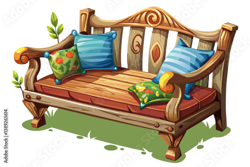 vector of A rustic wooden bench with soft cushions