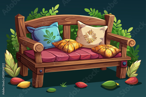 vector of A rustic wooden bench with soft cushions