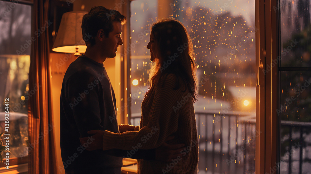 This Two individuals reconcile by a window as rain falls at twilight. This Two individuals reconcile by a window as rain falls at twilight.