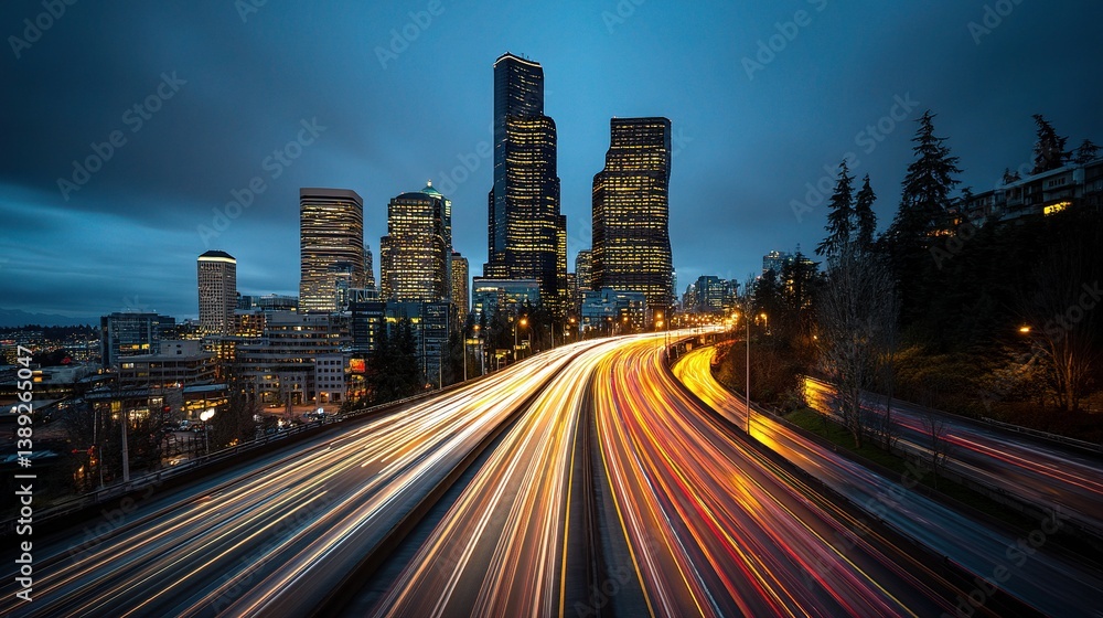 Fototapeta premium Downtown Seattle Skyscrapers with Freeway Lights at Dusk