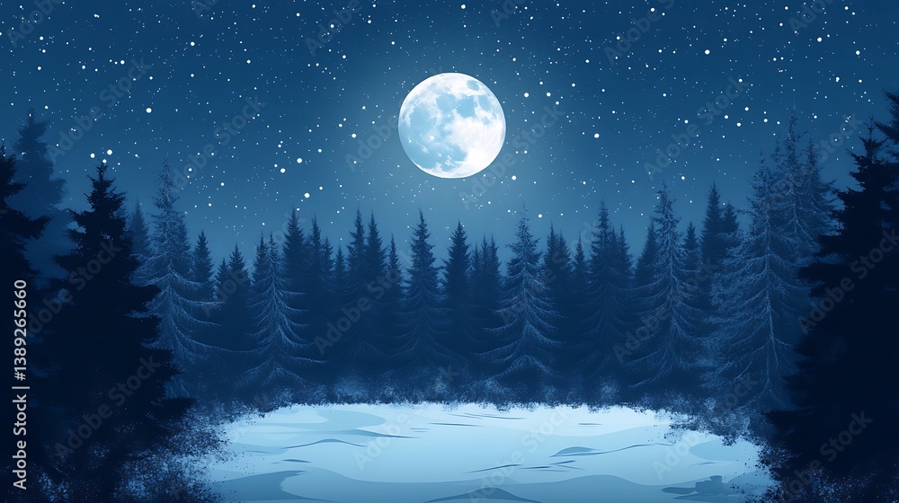 Fototapeta premium Full moon over snowy winter forest at night. (1)