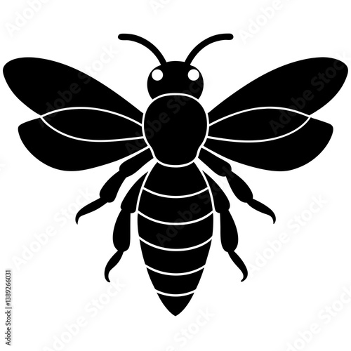 A vector silhouette of a bee hovering with tiny wings in motion, 