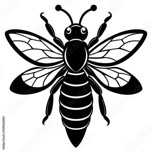 A vector silhouette of a bee hovering with tiny wings in motion, 