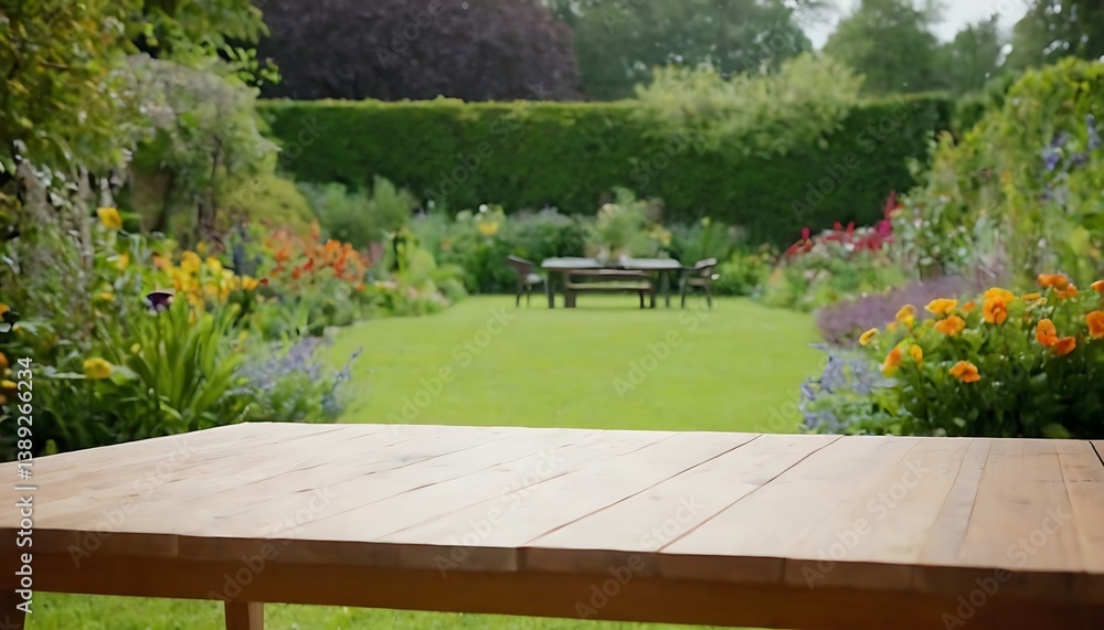 Naklejka premium Empty wooden product display table top with blurred garden background nature scene podium.advertising, blur, blurred, blurry, display, floor, montage, patio, perspective, product, 23