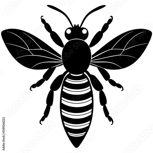 A vector silhouette of a bee hovering with tiny wings in motion, 