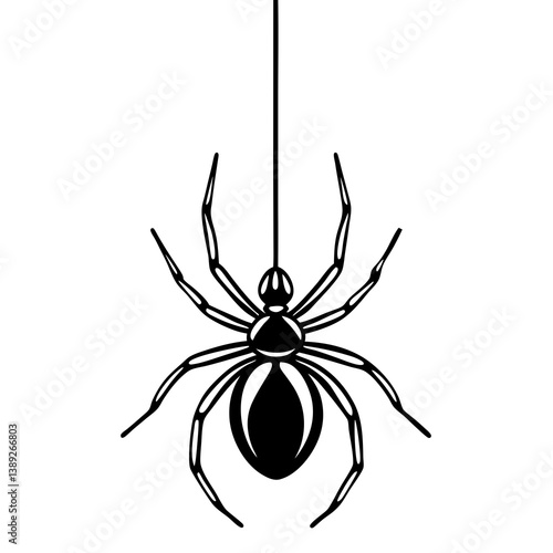 A vector silhouette of a spider hanging from a single thread, 