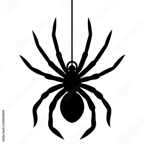 A vector silhouette of a spider hanging from a single thread, 