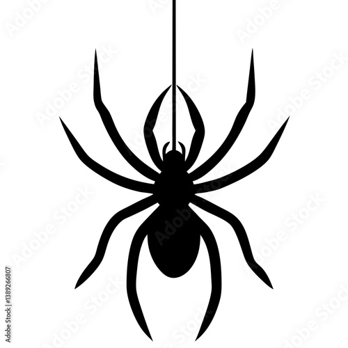 A vector silhouette of a spider hanging from a single thread, 