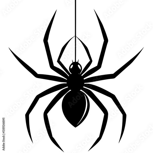 A vector silhouette of a spider hanging from a single thread, 