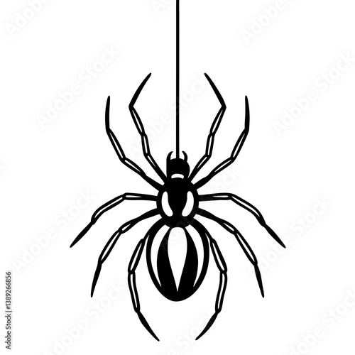 A vector silhouette of a spider hanging from a single thread, 