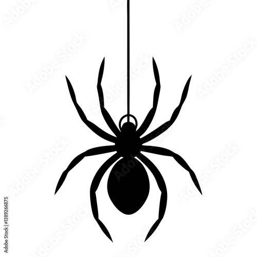 A vector silhouette of a spider hanging from a single thread, 