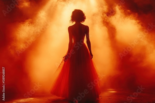 Woman in Red Dress with Fiery Backdrop.