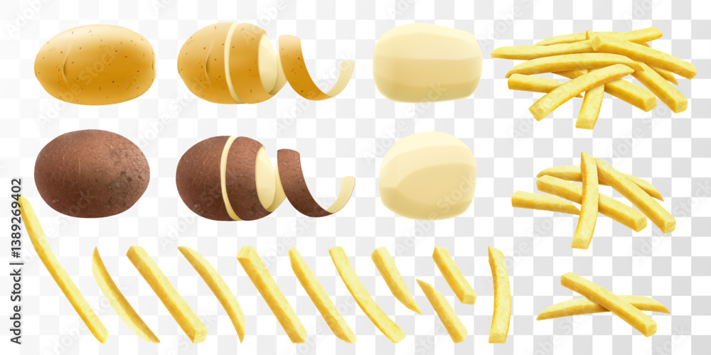 WebSet of potatoes isolated on transparent background. Peeled and unpeeled raw potatoes. French fries fried in deep fat. Realistic 3d vector illustration WebSet of potatoes isolated on transparent background. Peeled and unpeeled raw potatoes. French fries fried in deep fat. Realistic 3d vector illustration