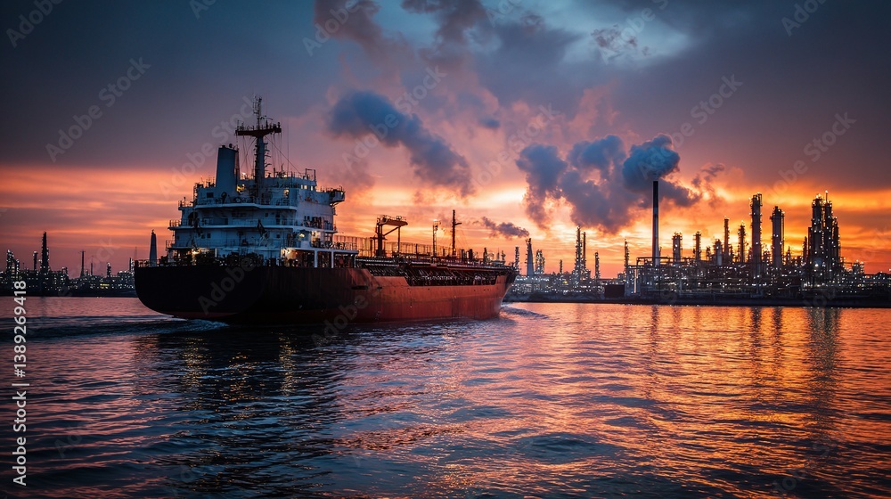 Fototapeta premium Cargo Ship Approaching Oil Refinery at Sunset with Dramatic Sky