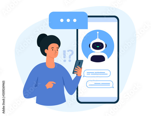 AI robot with speech bubble on mobile screen. Artificial intelligence character. Online communication, virtual support assistanc