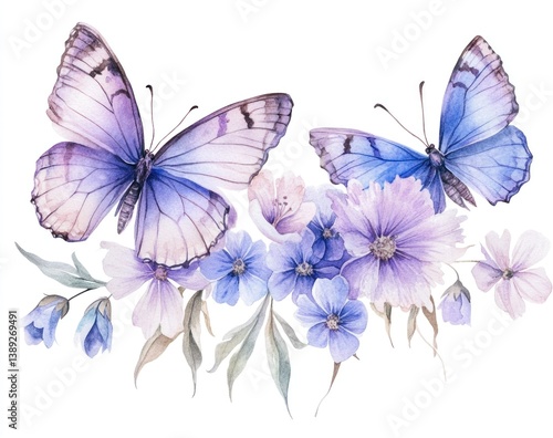 Wallpaper Mural Watercolor painting depicts two butterflies among delicate floral arrangements Torontodigital.ca