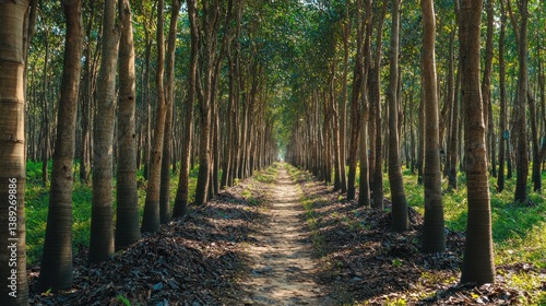 Path through a plantation of tall trees. Sunlight filters through the canopy