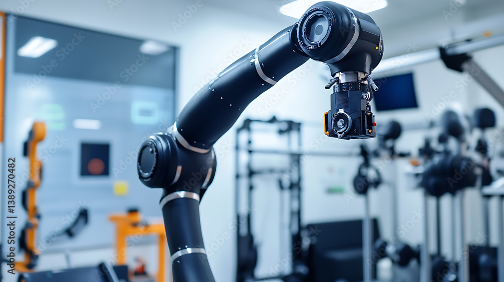A robotic arm in a high performance sports analysis lab, surrounded by motion sensors, high-speed cameras A robotic arm in a high performance sports analysis lab, surrounded by motion sensors, high-speed cameras