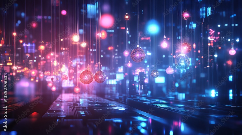 Abstract city landscape with hanging spheres and neon lights in blue and pink tones creating depth Abstract city landscape with hanging spheres and neon lights in blue and pink tones creating depth