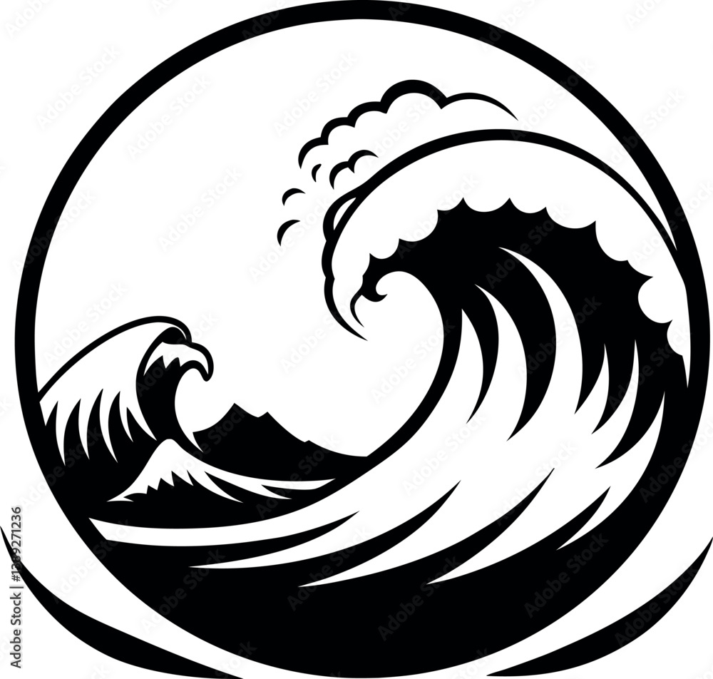 Naklejka premium Powerful Ocean Waves in a Circular Design Black and White Graphic Illustration vector silhouette line art
