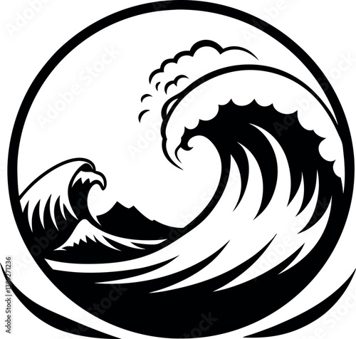 Powerful Ocean Waves in a Circular Design Black and White Graphic Illustration vector silhouette line art