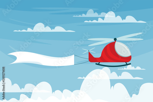 Vector illustration of a beautiful sky landscape with a biplane. Cartoon scene of a red helicopter flying in the blue sky among the clouds with a white empty flag. Advertisement, advertising banners.